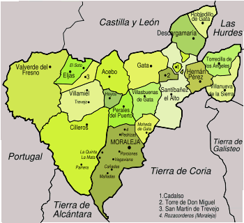 Mapa Comarca de la Sierra de Gata. <Clic para ampliar imagen>